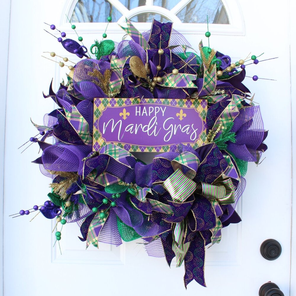 Mardi Gras Wreath for Front Door, Fat Tuesday Decor, Fleur de Lis Decor, Happy M